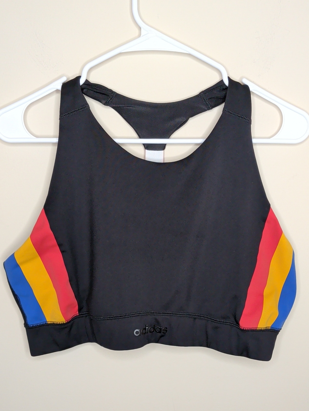 adidas Black Sports sports Bra with Red, Yellow & Blue Side Stripes Size XL